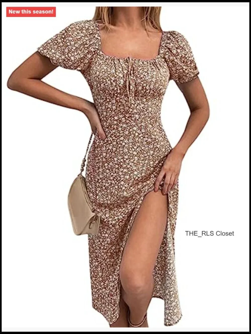Floral Square Neck Puff Sleeve Midi Dress Ruched Bust High Waist Split